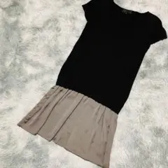 【美品】アンタイトル ドッキングワンピース ニット サテン 切替 ブラック 2