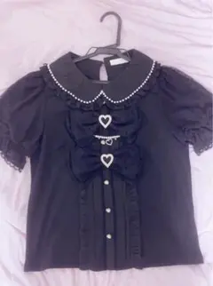 LIZLISA リズリサ ダブルリボンパフスリーブリブカットトップス ブラック