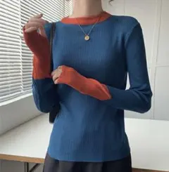 ダーク・エンジェル！サムホール付きバイカラーリブニット長袖トップス