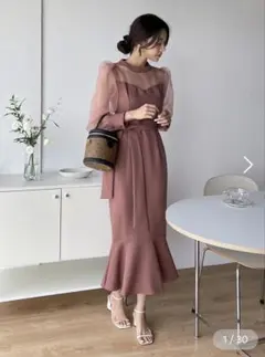 シースルー袖 マーメイドワンピース パーティードレス ピンク　結婚式参列のサムネイル