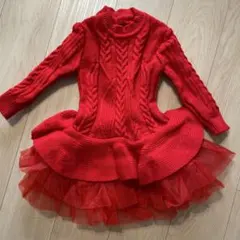 ケーブルニット タートルネック ワンピース　チュールスカート　赤