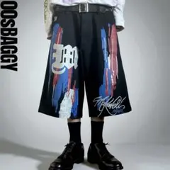 極太00s MAKAVELI W34 バギーブラックデニム ビッグラメプリント