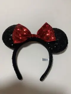 ミニーマウス耳カチューシャ 赤リボン付き