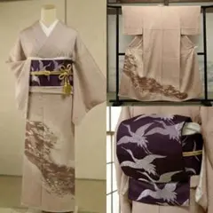 美品　正絹　色留袖　袋帯　三つ紋　ベージュ　鶴　４点フルセット　入学式　結婚式