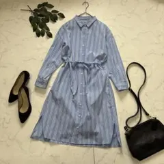 7332✾ナチュラルビューティーベーシック✾シャツワンピ【S】水色/ストライプ