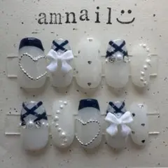 【R64】チェック×リボンネイル ネイビーネイル フレンチネイル