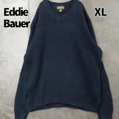 エディーバウアー ニット セーター Vネック XL 紺 リブ編み 綿【9047】