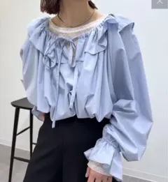 【新品タグ付】mystic フリルブラウス ギャザー ネックリボン ブルー 長袖