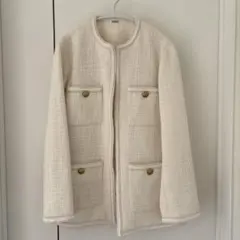 美品 ミラオーウェン ツイードノーカラージャケット 白 ホワイト 金ボタン