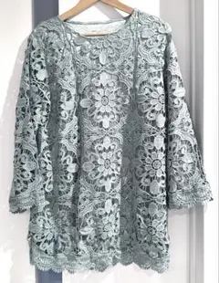 美品 ミントグリーン 花柄 レース チュニック 長袖