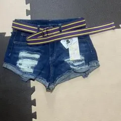 【新品タグ付き】ベルト付ダメージデニムショートパンツ