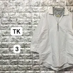 TK タケオキクチ　七分袖シャツ　襟元袖口花柄　麻　白　L相当