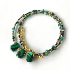 ビーズ　ネックレス　天然石マラカイトのネックレス　グリーン×ゴールド