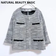 【ナチュラルビューティーベーシック】ノーカラージャケット　ツイード　 グレー