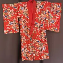 昭和レトロ　赤花柄長襦袢　華やか　和柄　リメイク　ハンドメイド　古布