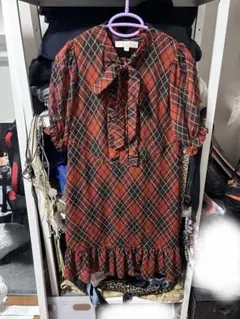 赤チェック柄パフシアースリーブミニワンピース