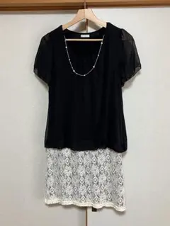 黒と白のレース半袖ワンピース