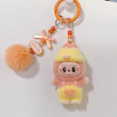 ラブブ ぬいぐるみキーホルダー✨帽子×サロペットlabubu　オレンジ&黄 1個