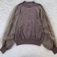 センスオブプレイス チュールスリーブ 切替 ハイネックニットトップス ブラウンF