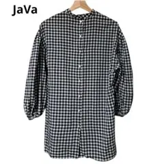 ​JaVa ギンガムチェック バンドカラー 長袖シャツ S 黒 オーバーサイズ
