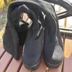 黒 スエード ニーハイブーツ プラットフォームヒール