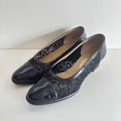 【銀座ヨシノヤ】22.5cm パンプス 黒 チュールレース エナメル コンビ