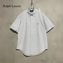 ラルフローレン 半袖ストライプシャツ M 青 美品 古着 クラシックフィットのサムネイル