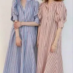 mystic パフスリーブ　ワンピース　ストライプ　ピンク　ミスティック