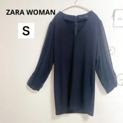 ZARA WOMAN 異素材シフォン袖 Vネック ワンピース チュニック　黒　Sのサムネイル