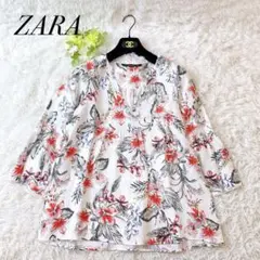 極美品✨ザラベーシック　花柄ブラウス　７分袖フレア　リネン１００％　Vネック　麻