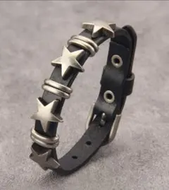 【ロック系】スタースタッズ レザーブレスレット 黒 ユニセックス
