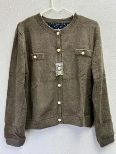 パールボタン ノーカラーカーディガン 上品 Mサイズ ベージュ 長袖