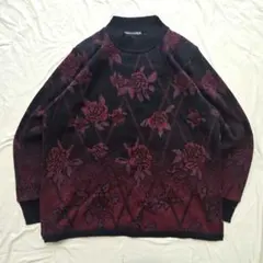 90s ニット クルーネック ボルドー 薔薇柄 ミセス レトロ 大人カジュアル