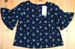 キッズ ユニクロ 花柄 フリルスリーブ 半袖 ネイビー ブラウス 新品 110
