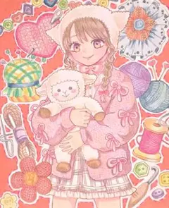 【編み編みモフモフ】オリジナルアナログイラスト 手描きイラスト 原画 色鉛筆