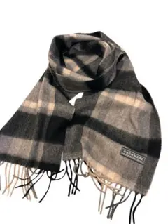 ノーブランド　カシミヤ100 チェック マフラー グレー ブラック フリンジ付き