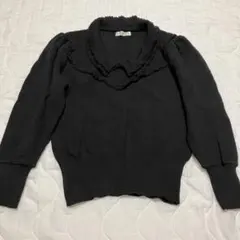 LA-POUPEE レディース マダム フリル付き襟の黒ニットセーター 長袖