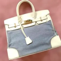 一点物☆デニム×ホワイトレザー☆ハンドバック☆上品☆おしゃれ☆収納力抜群☆