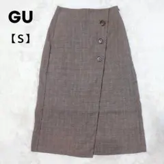 GU タイトスカート チェック ブラウン 秋冬 ボタン付き 裏地あり【Ｓ】