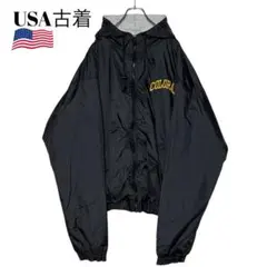 00s USA古着 カレッジ刺繍ロゴ フード付きナイロンジャケット 黒 XL