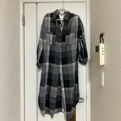 チェック柄 ロングシャツワンピース グレー系　y2k