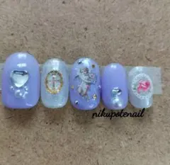 ネイルチップ　パープル　天使　バラ　チェーン　ラメ　夢かわ