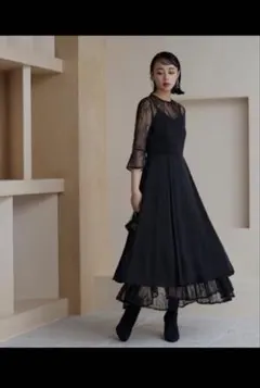 結婚式　パーティー　マルチレース　ワンピースドレス　ブラック　LＬサイズ