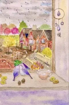 momorin様専用水彩画 秋雨の景色とインコ　値段は※900円です