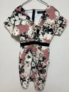 PAPER DOLL フラワープリント 半袖ひざ丈ワンピース　UK10 M