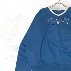 【一点物】海外古着 刺繍スウェット ブルー 裏起毛 Vネック レトロ