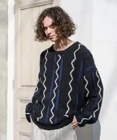 CasperJohn キャスパージョン デザインニット 黒×紺×白 Sサイズ