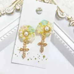 ハンドメイドイヤリング【No.58】痛くない 蝶バネ クロス 花 ガラス パール