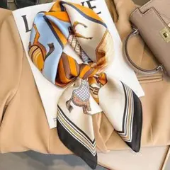 シルク風 馬柄 幾何学模様 スカーフ 70cm x 70cm