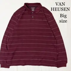 VAN HEUSEN ロングスリーブ ポロシャツ ボーダー柄 バーガンディー L